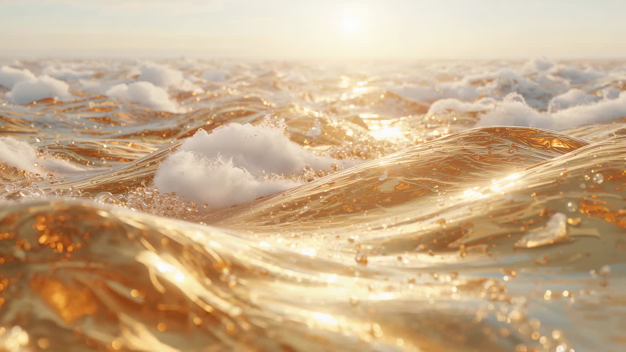 Advancing camera revealing golden liquid surface rolling toward low sun, with white foam clusters