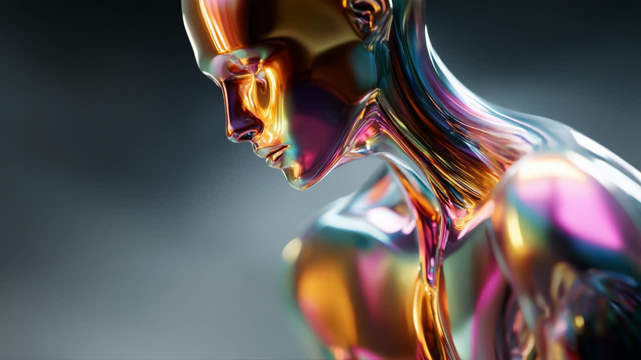 A captivating close-up of a mesmerizing futuristic figure, showcasing a blend of shimmering metallic hues and ethereal beauty, embodying the intersection of art and technology in a stunning visual representation