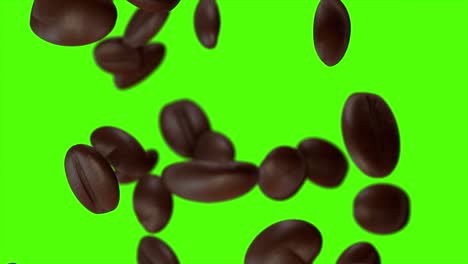 beautiful abstract roasted coffee beans fall down and fill the screen making transition close-up in slow motion on green screen. 3d animation with alpha matte