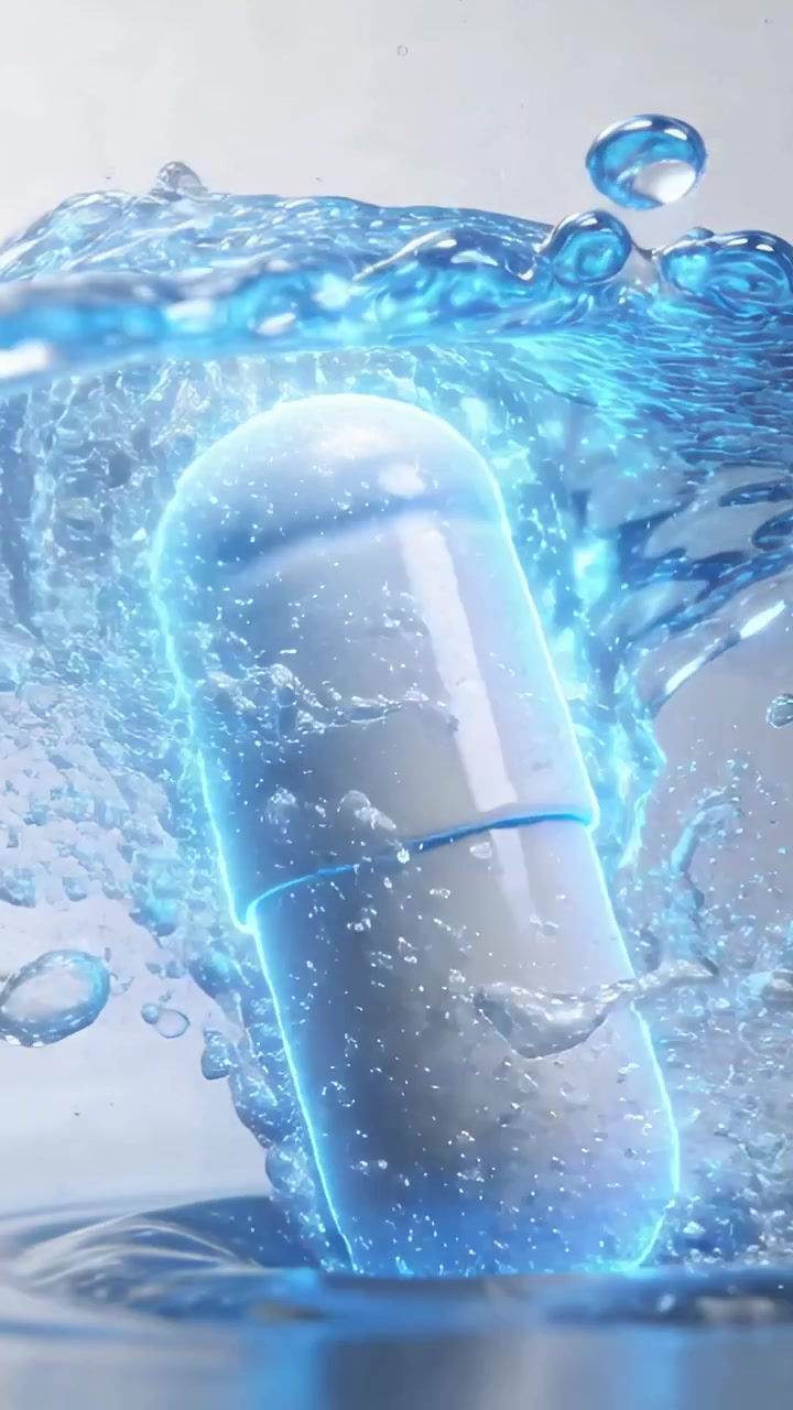 Video verticale: Onda blu pulsante che sfiora una capsula bianca, inclinando e scivolando in uno studio con bolle.
