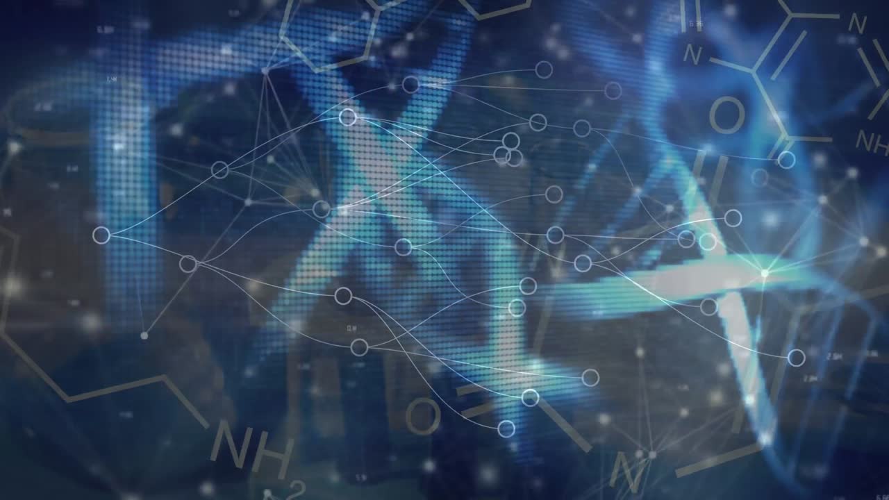 Animation of network of connections and multiple dna structure spinning against blue background