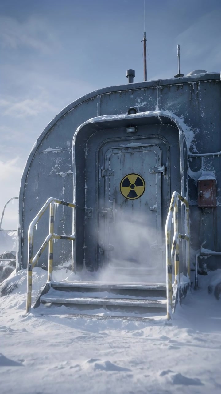 Forward approach centers on weathered industrial hatch marked by radiation symbol while loose snow drifts across frozen steps, with frost-coated walls, railings, roof antennas, and pale winter sky.