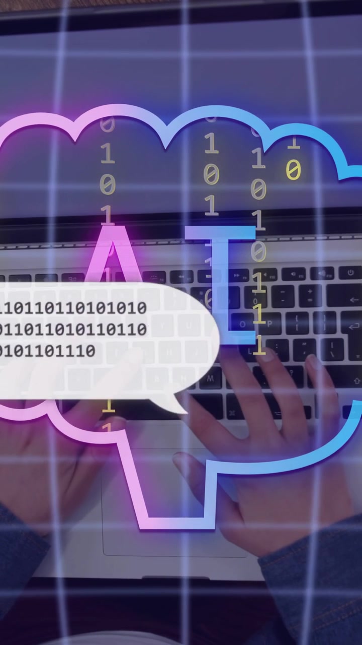 Vertikal video: Kvinne taster på laptoptastene, starter AI-sky og fallende binærkode overlegger tastene.