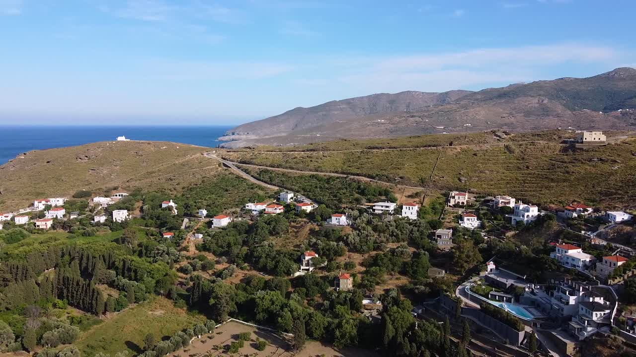 Aerial Panoramic View of Coastal Landscape in Andros Island, Greece