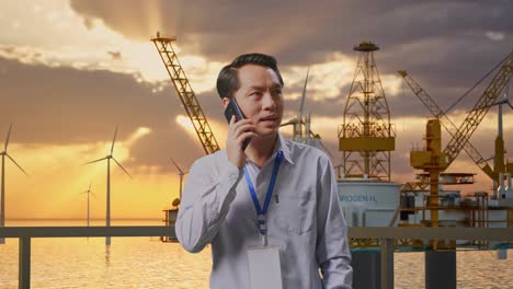 businessman talking on a phone near oil rig and wind turbines at sunset