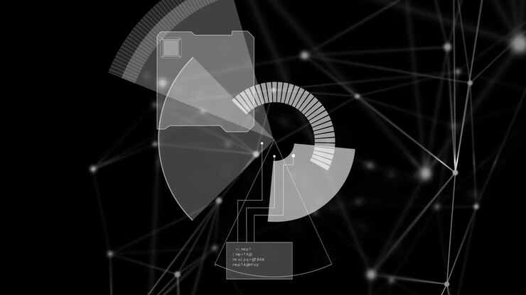 Animation of data processing and network of connections on black background