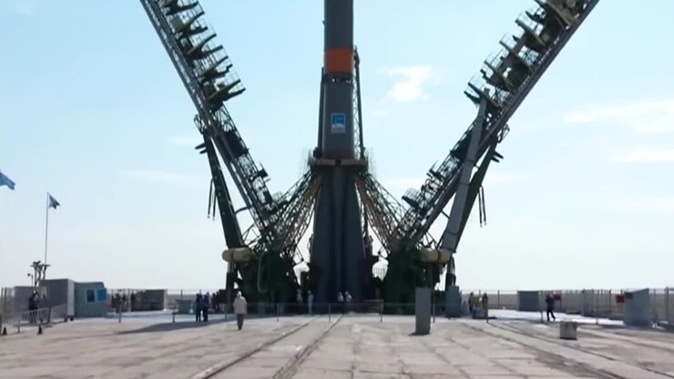 A Russian Soyuz Rocket Is Readied On The Launchpad 1