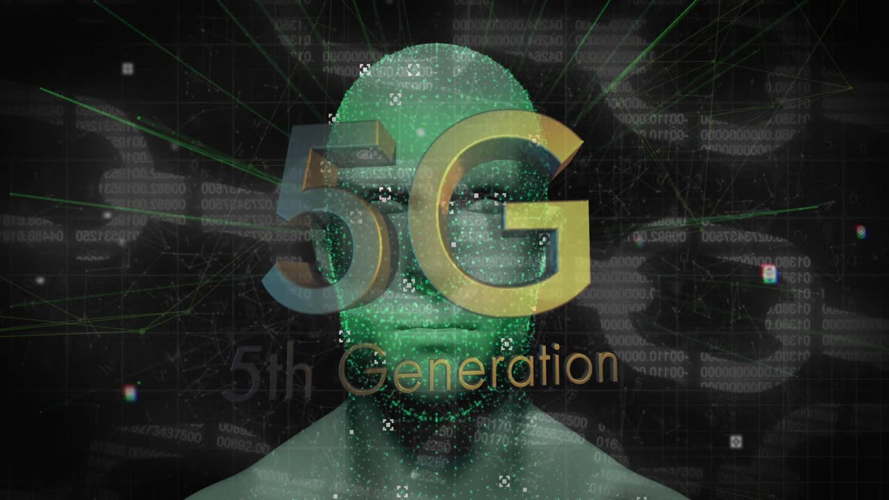 animación de texto de 5g 5a generación sobre cabeza humana verde que brilla en el fondo