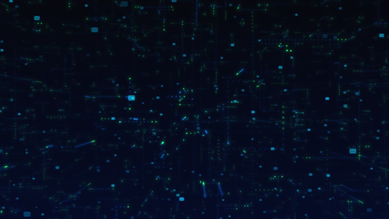 Futuristic digital background displays scattered message icons flowing through complex coding grid