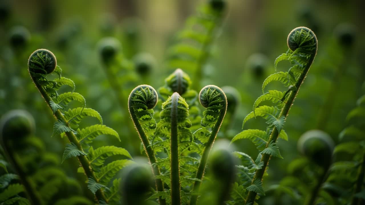 A Close-up View of Newly Unfurling Fern Fronds Showcasing the Intricate Patterns and Rich Greenery in a Lush Forest Habitat