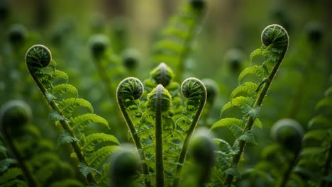 a close-up view of newly unfurling fern fronds showcasing the intricate patterns and rich greenery in a lush forest habitat