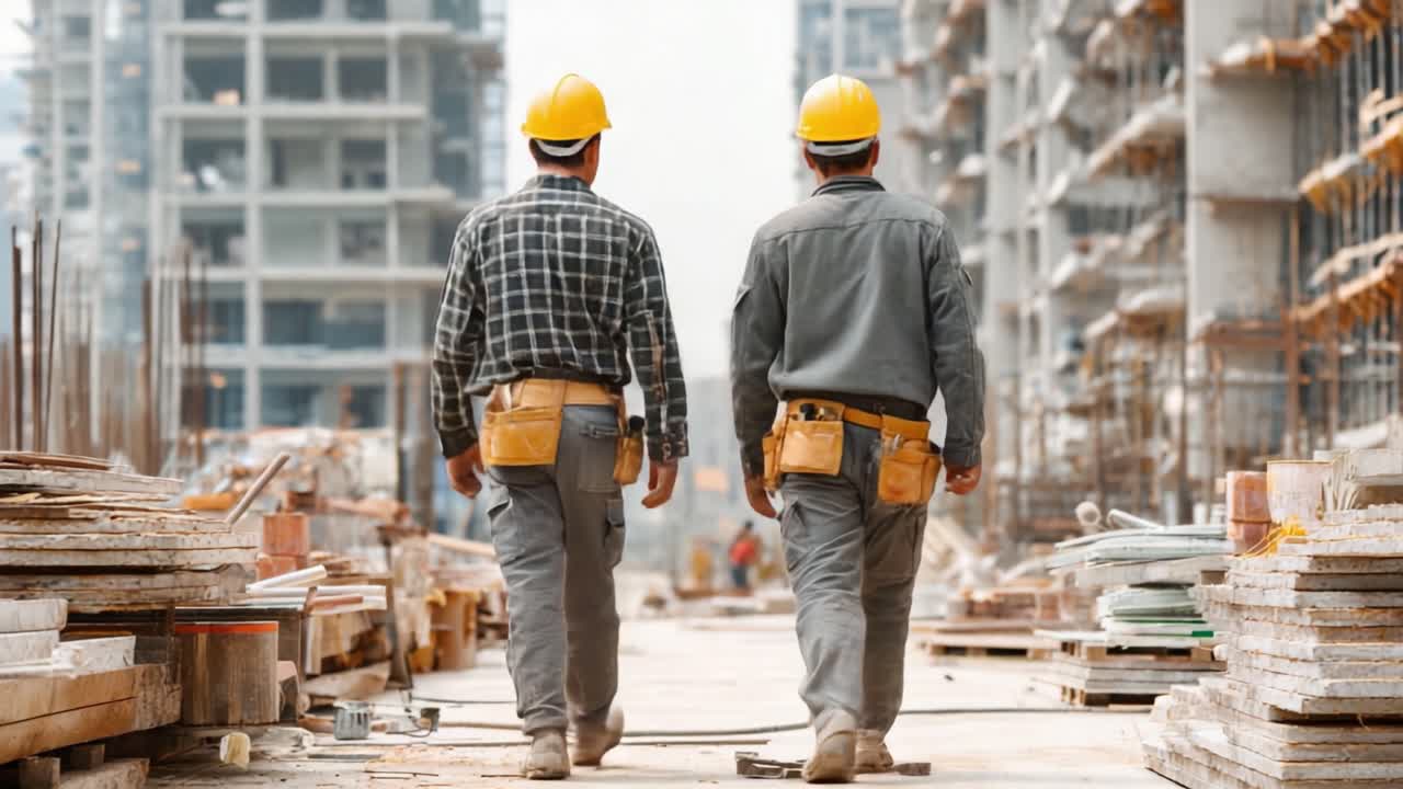 Two Construction Workers in Safety Gear Walking Through a Busy Building Site, Surrounded by Materials and Ongoing Construction Activity