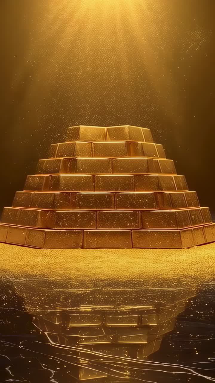 Vertical video: Shimmering tiered gold bars catching beams on sand as dust drifting, mirroring pool