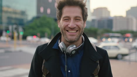 slow motion portrait of attractive caucasian man in busy city street smiling cheerful enjoying urban commuting lifestyle