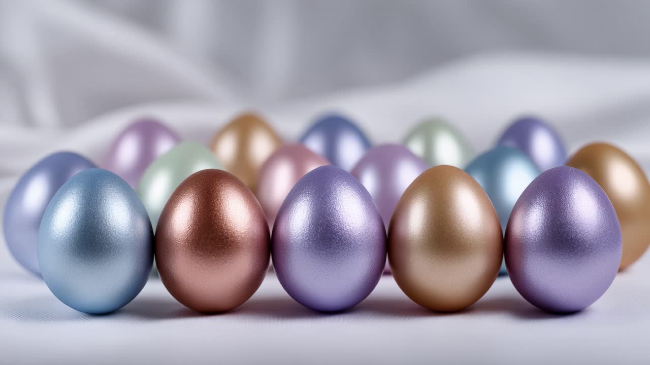 A Vibrant Display of Colorful Easter Eggs Arranged in an Artistic Pattern, Showcasing a Variety of Shades and Textures Against a Soft Background