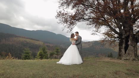 Lovely-young-newlyweds-bride-groom-embracing-on-mountain-slope,-holding-hands,-wedding-couple-family