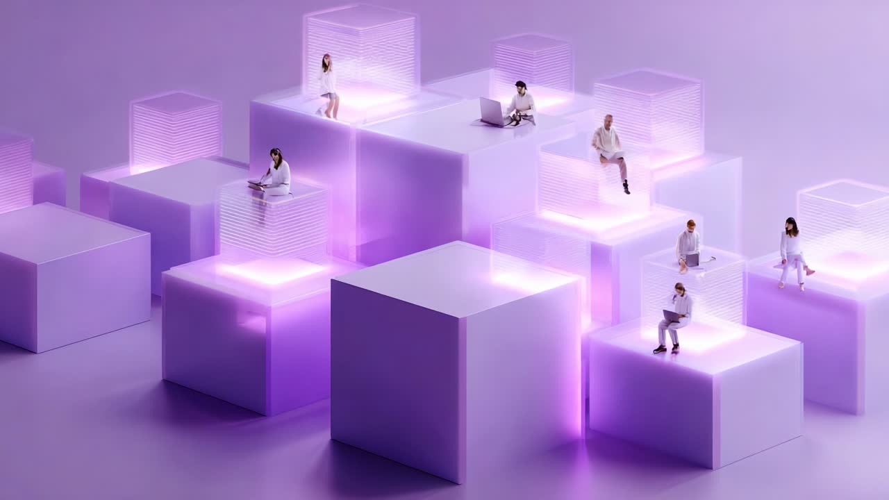 A futuristic digital workspace showcasing diverse individuals engaging with technology in a vibrant purple environment, promoting connectivity, collaboration, and innovation in a modern setting
