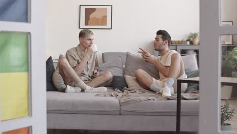 two young caucasian men sitting on sofa and drinking tea