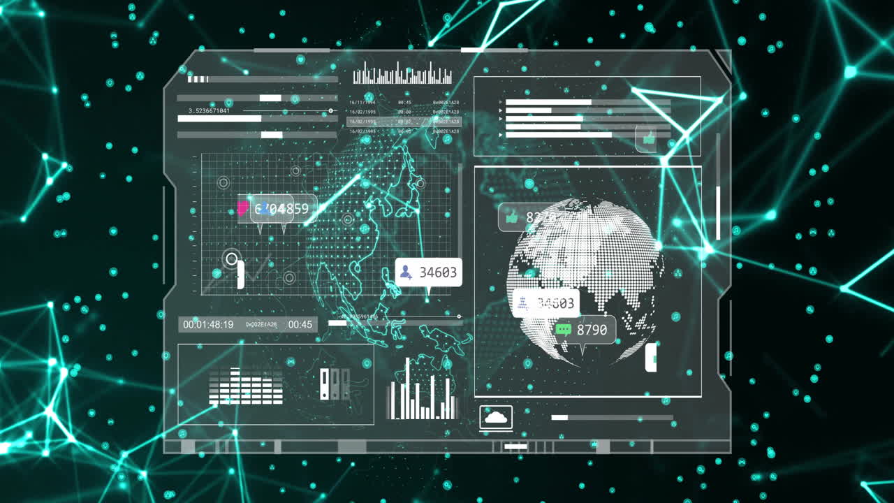 Displaying animation of global data analytics and social media in digital interface