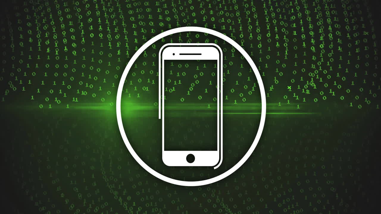 Icona di smartphone all'interno di un cerchio su animazione di codice binario verde