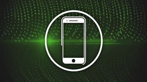 icono de teléfono inteligente dentro del círculo sobre animación de código binario verde