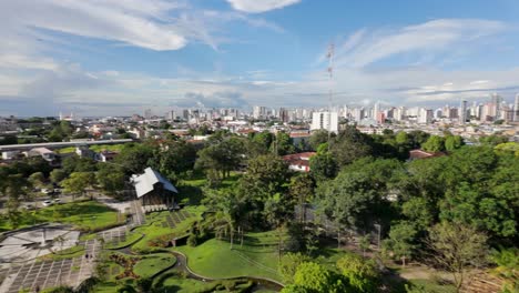 aerial view of city park and skyline