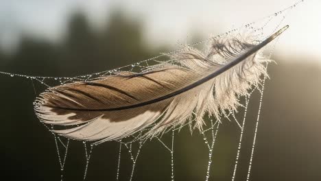 delicate harmony of nature: a feather suspended in a web bejeweled with dew drops, capturing the essence of tranquility and wonder in the early morning light