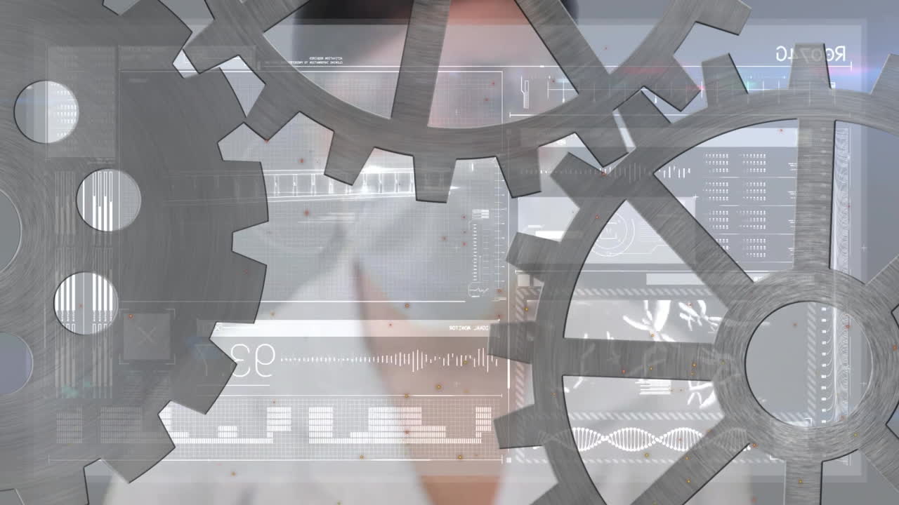 Animation of digital interface overlaying person using technology in school setting