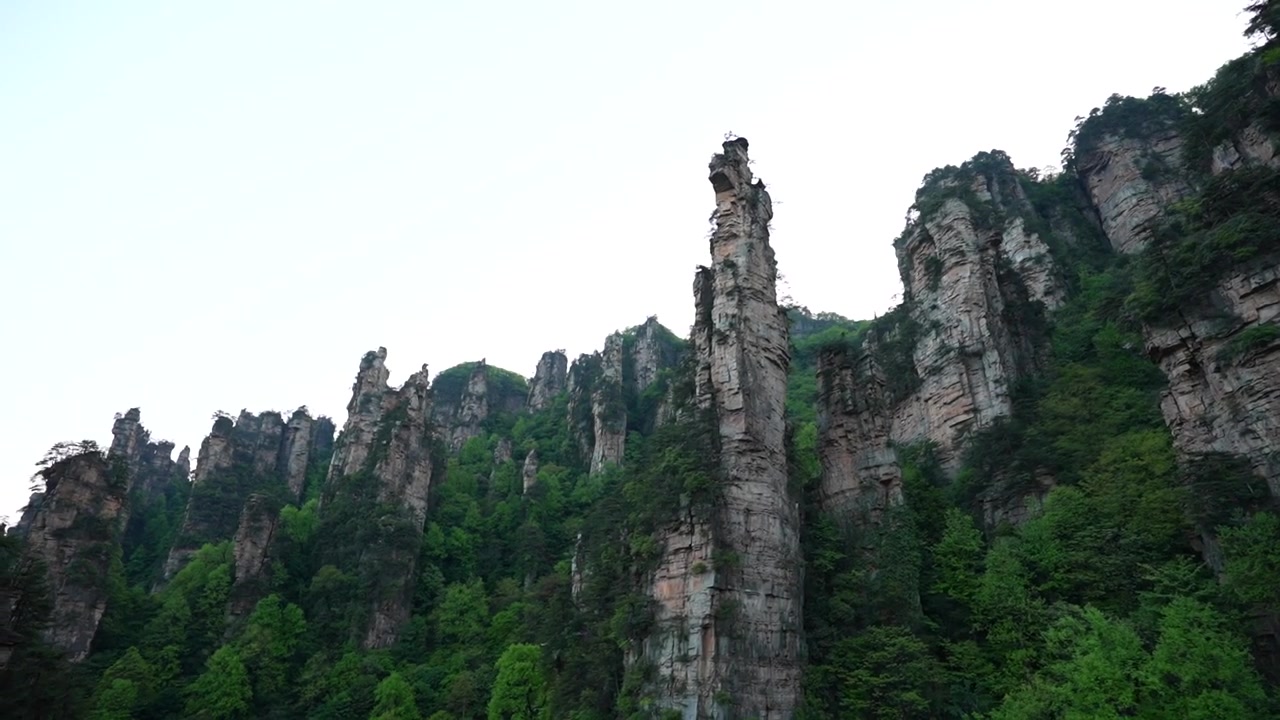 Imponenti pilastri di arenaria e vegetazione lussureggiante nell'area di Wulingyuan, Hunan, Cina
