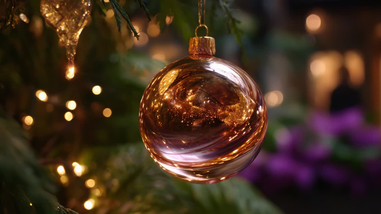 A Beautifully Decorated Christmas Ornament Hanging Elegantly Amidst Twinkling Lights, Showcasing Its Reflective Surface and Intricate Details Set Against a Festive Backdrop for Holiday Cheer