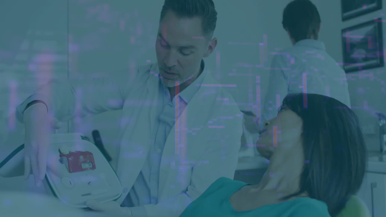 Explaining medical equipment, professional using animation with digital data overlay