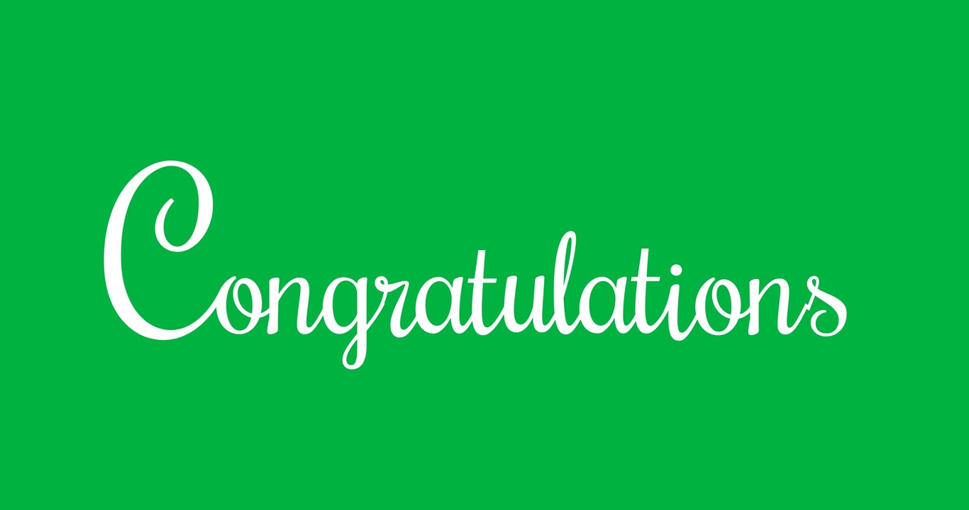 Animazione digitale di un banner di testo "Congratulazioni" su sfondo nero.
