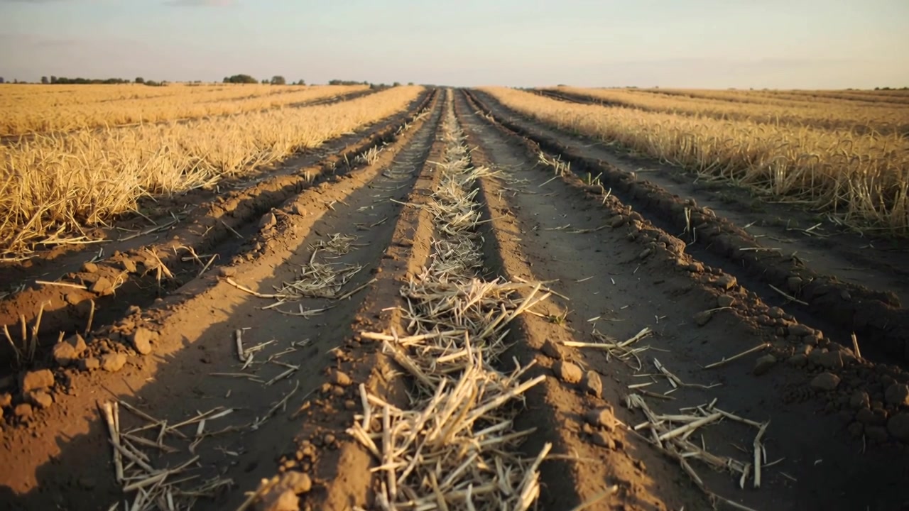 Advancing camera pushing along central ploughed furrow at late afternoon, revealing straw and clods
