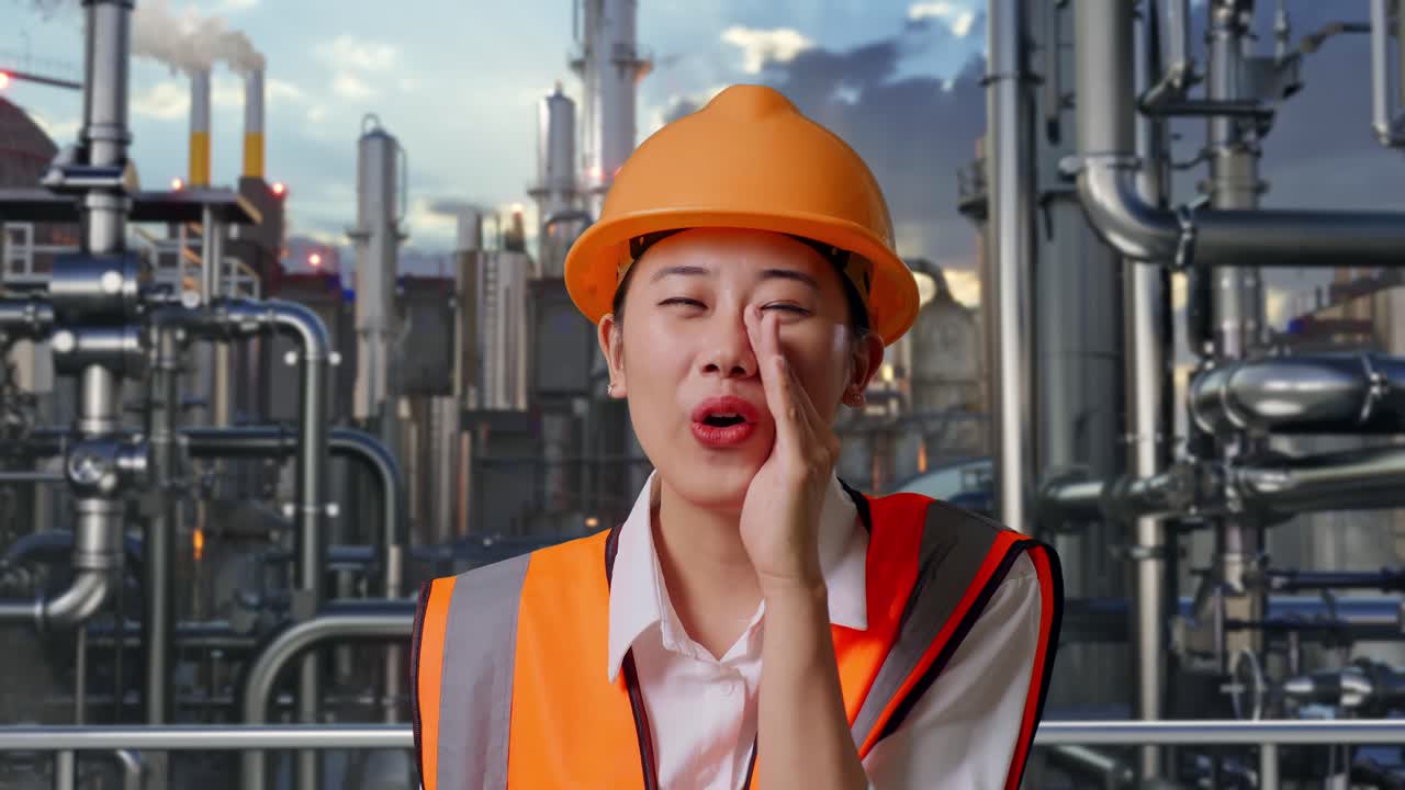 Woman Engineer Talking at Oil Refinery