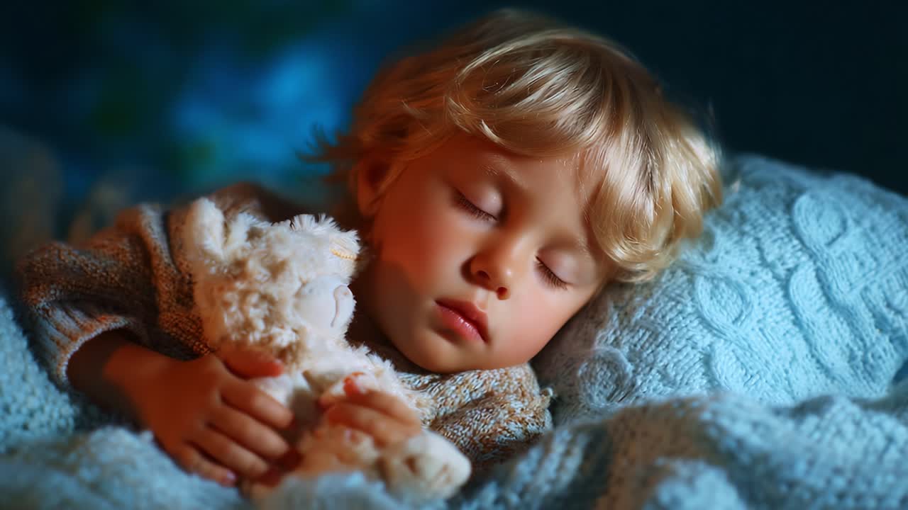 A Serene Child Blissfully Sleeping with a Soft Toy, Wrapped in a Cozy Knit Blanket, Creating a Warm and Tranquil Atmosphere Filled with Comfort and Peace in a Gentle Nighttime Setting