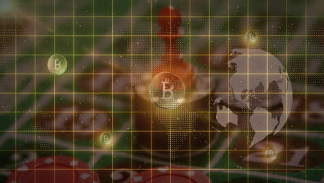 animación de bitcoins y el globo sobre el casino.