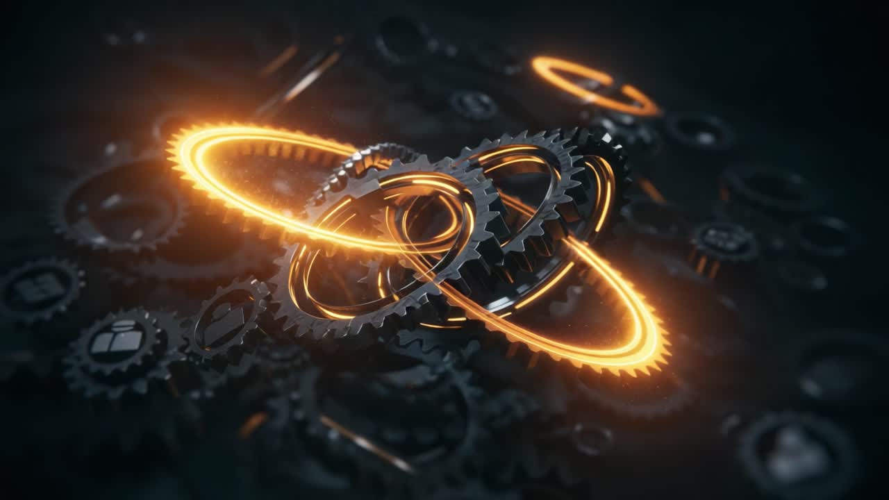 A Captivating Display of Gears and Dynamic Energy: This Visual Showcase Features Intricate Gears with Radiant Rings of Light, Symbolizing Motion and Innovation in Mechanics