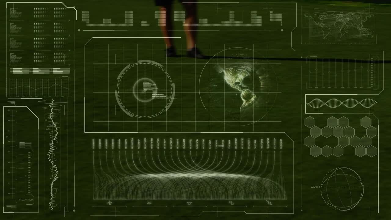 Animation of data processing over legs of diverse male soccer players on sports field