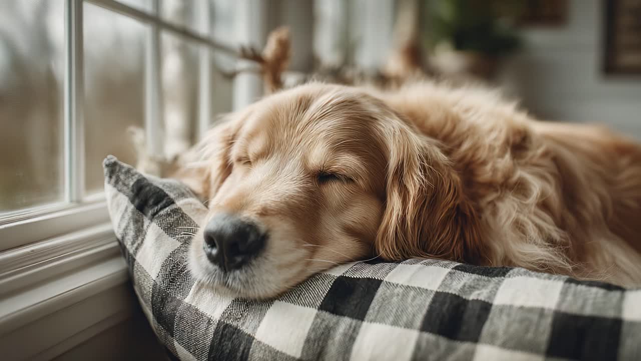 A Tranquil Moment: A Golden Retriever Enjoys a Peaceful Nap by a Sunlit Window, Showcasing Comfort and Serenity in a Cozy Indoor Setting