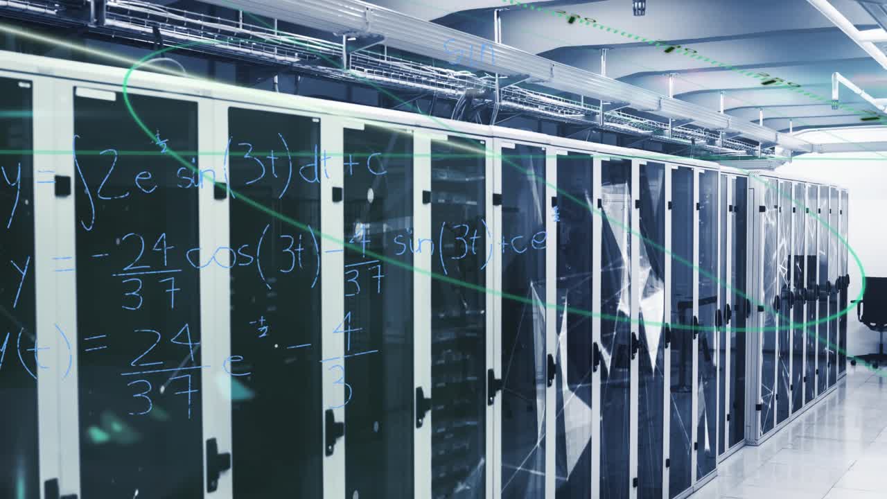 Animation of question marks and data processing over server room