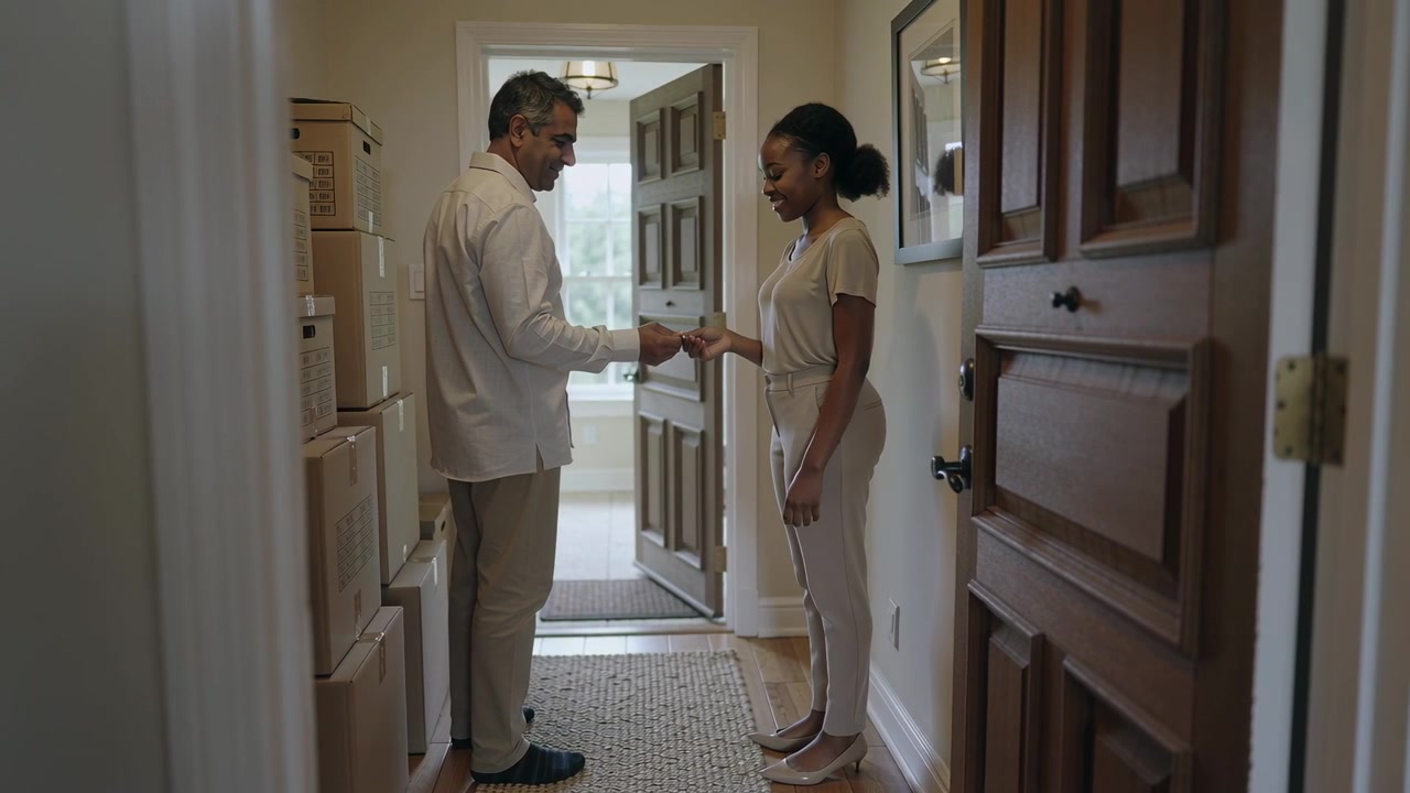 Extending man offering keys, woman taking in box-lined hallway in light clothes to settle into home