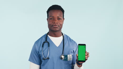 nurse, happy man showing phone