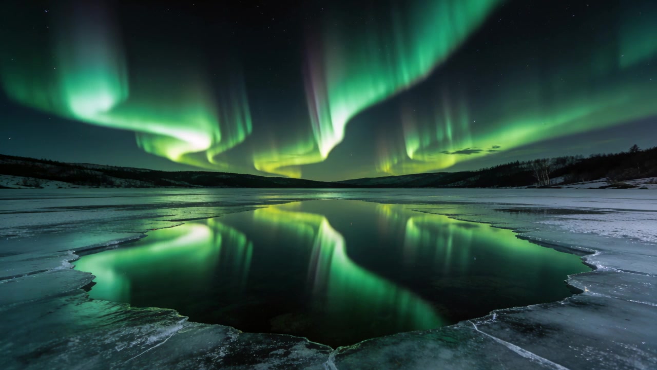 Tende aurorali verdi ad arco che si muovono sopra un lago ghiacciato durante una notte serena, riflettendosi in una pozza d'acqua aperta.