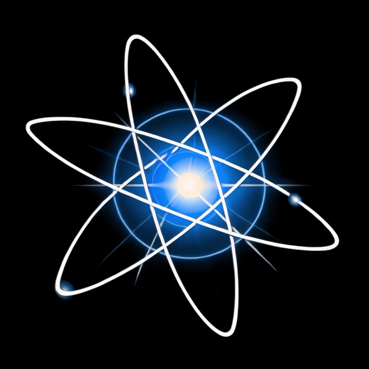 Animated Glowing Atom Model Rotating on Black Background