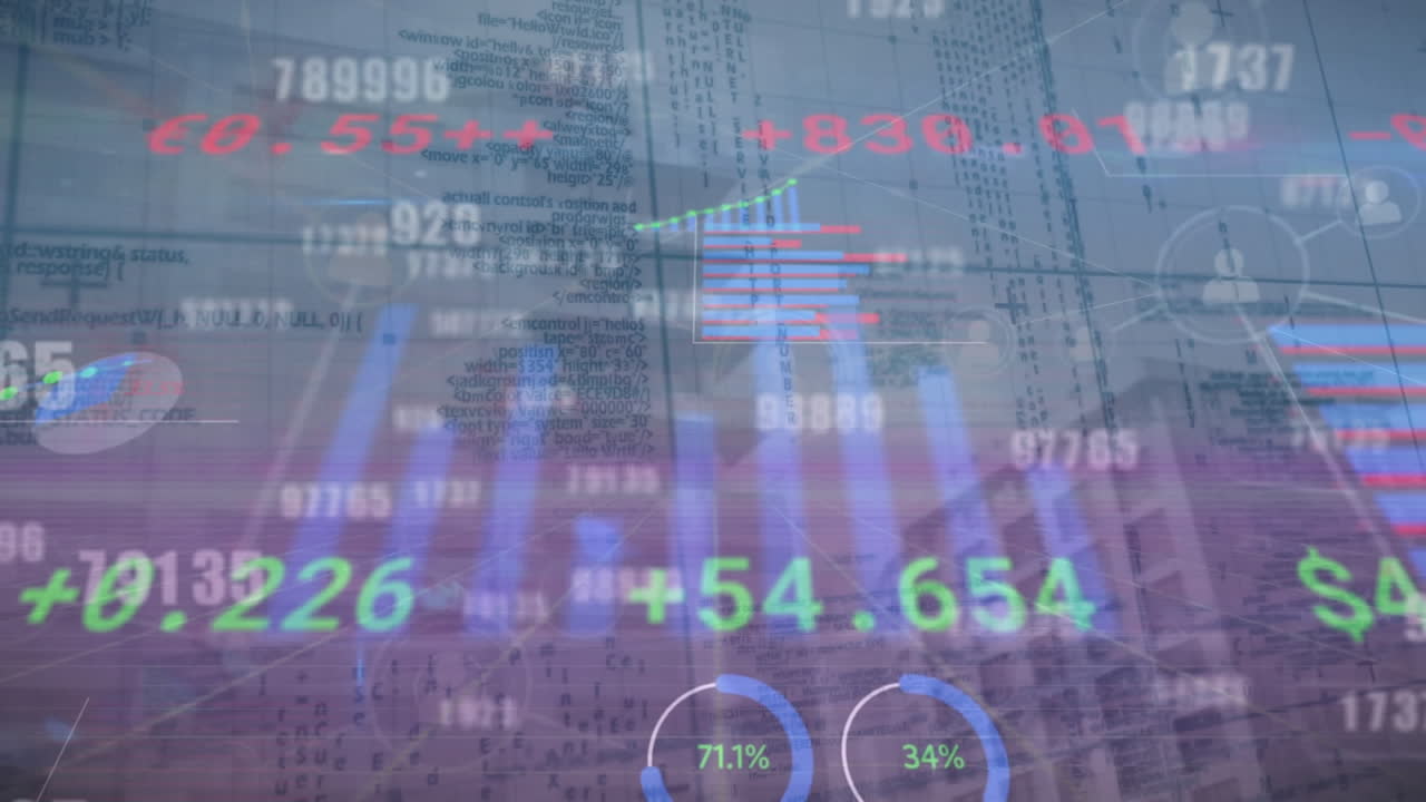 animación del procesamiento de datos financieros y estadísticas sobre el paisaje urbano