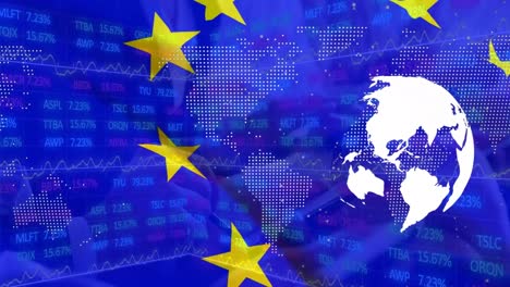 animation loop of rotating globe with graphical map and european union flag against trading board