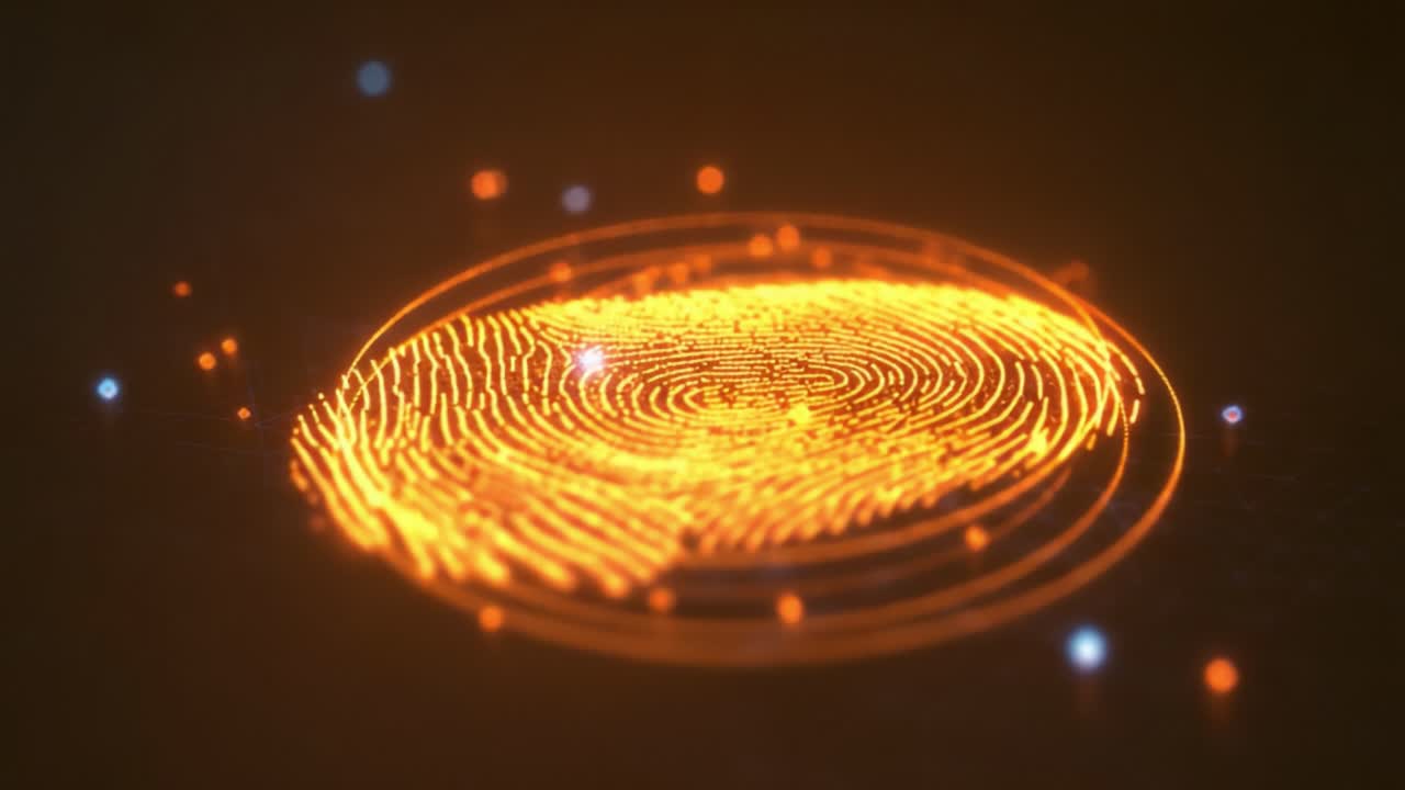 Digital fingerprint scanner with glowing orange neon loop and rotating animation, biometric authentication concept for secure identity verification, cyber protection and access control