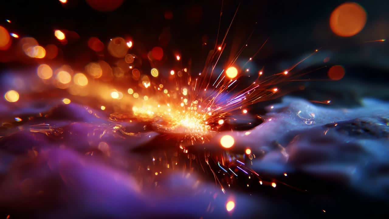 Captivating Display of Sparks and Light Amidst Liquid Surface: An Artistic Exploration of Luminescence and Motion Created by High-Speed Imagery Illustrating Dynamic Interactions and Vibrant Colors