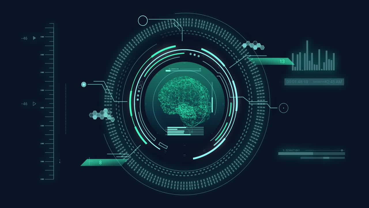 Animation of human brain and digital data processing over black background