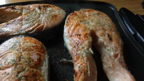 slow motion slide veiw of fresh salmon filets while being roasted on indoor electric easy clean grill